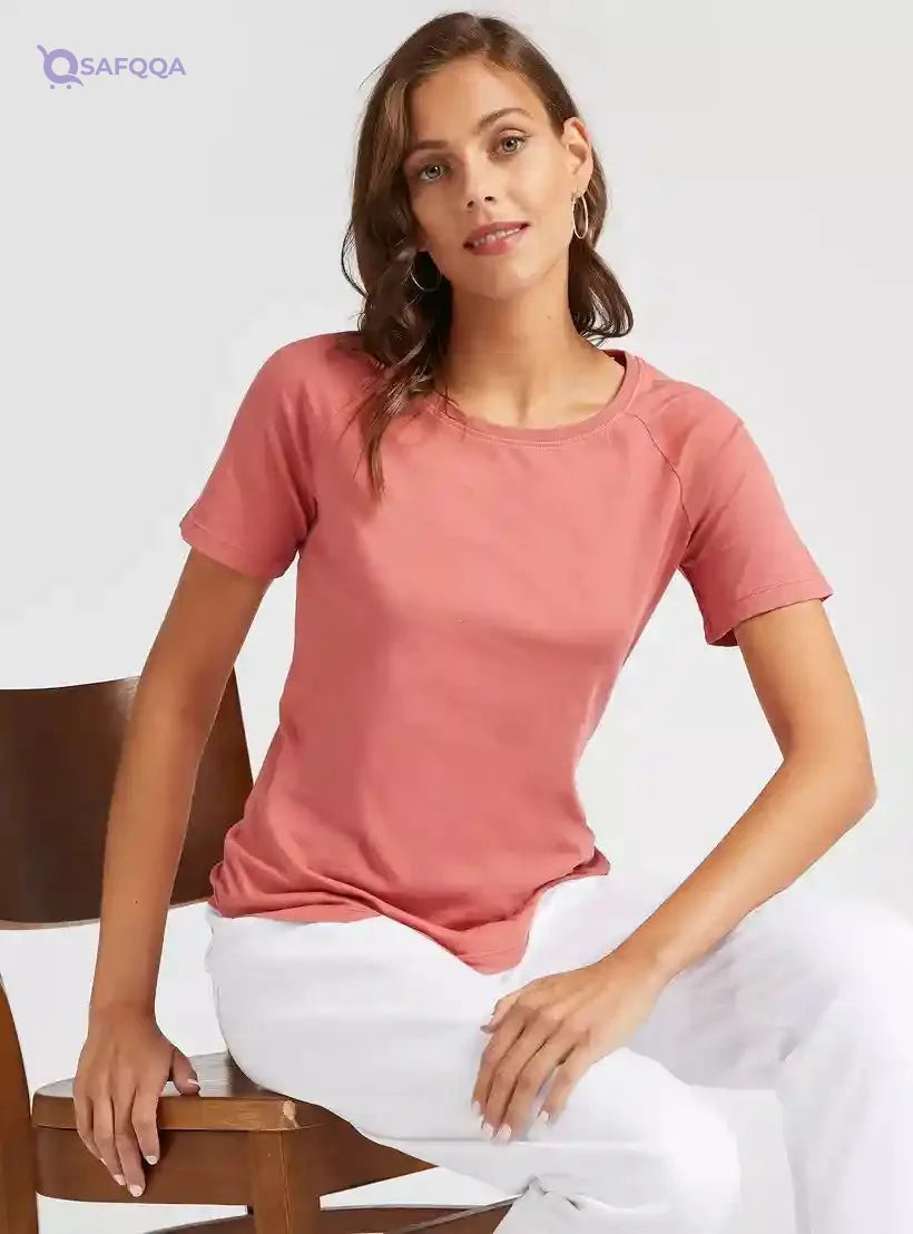 Solid T-shirt with Round Neck and Short Sleeves - Safqqa Egypt