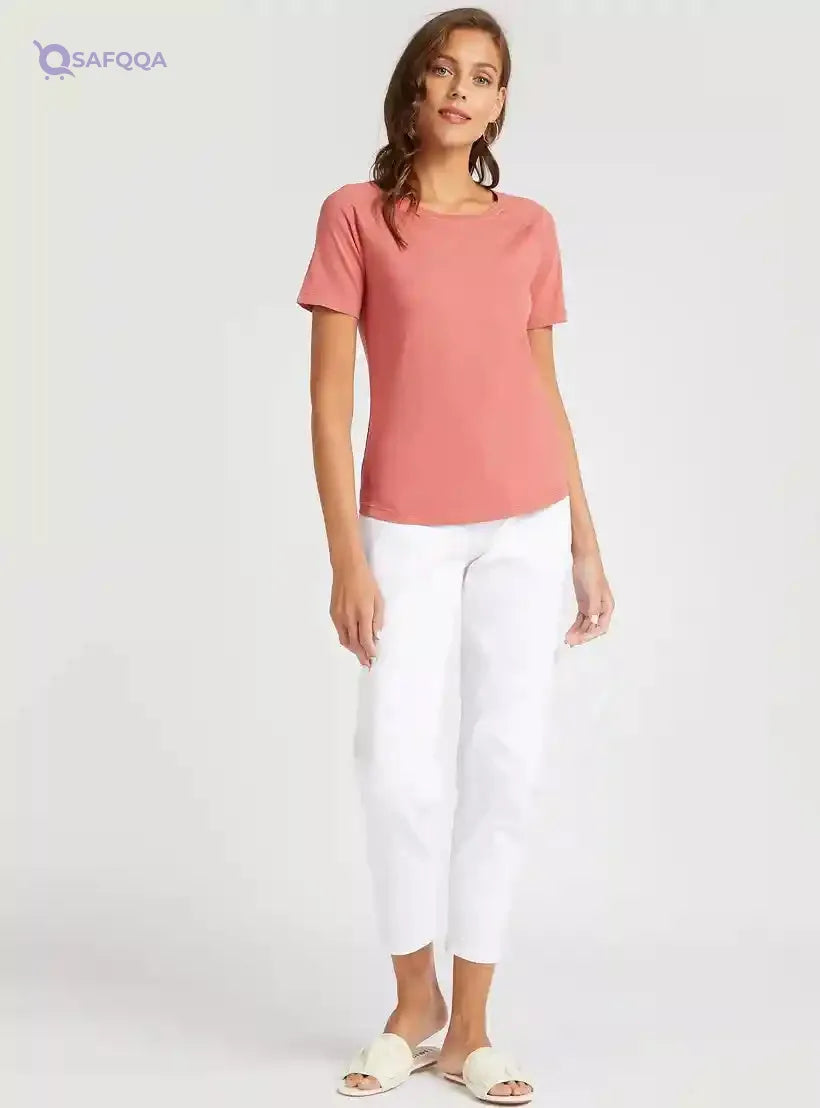 Solid T-shirt with Round Neck and Short Sleeves - Safqqa Egypt