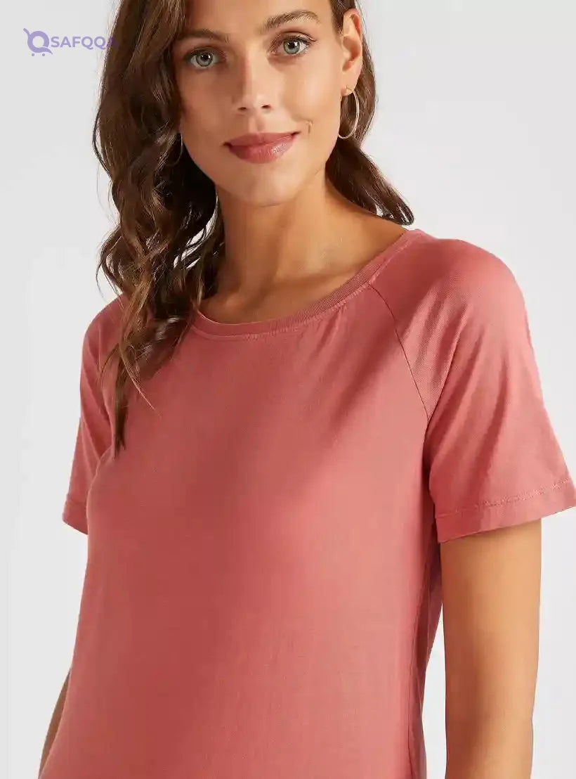 Solid T-shirt with Round Neck and Short Sleeves - Safqqa Egypt