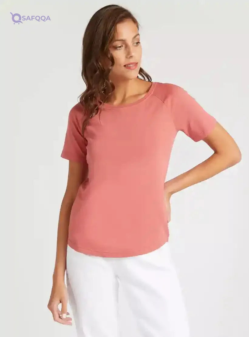 Solid T-shirt with Round Neck and Short Sleeves - Safqqa Egypt