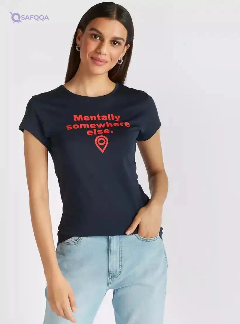 Typographic Print Crew Neck T-shirt with Cap Sleeves - Safqqa Egypt