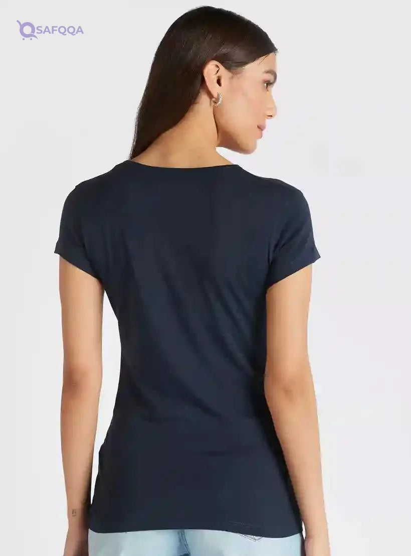 Typographic Print Crew Neck T-shirt with Cap Sleeves - Safqqa Egypt