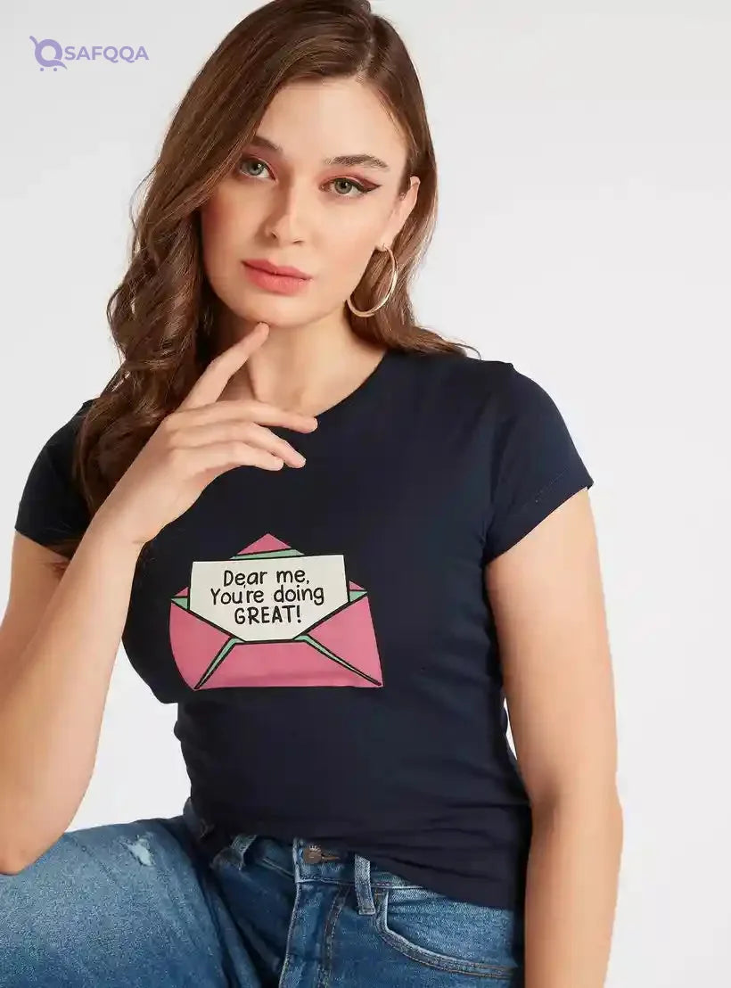 Graphic Print Round Neck T-shirt with Cap Sleeves - Safqqa Egypt