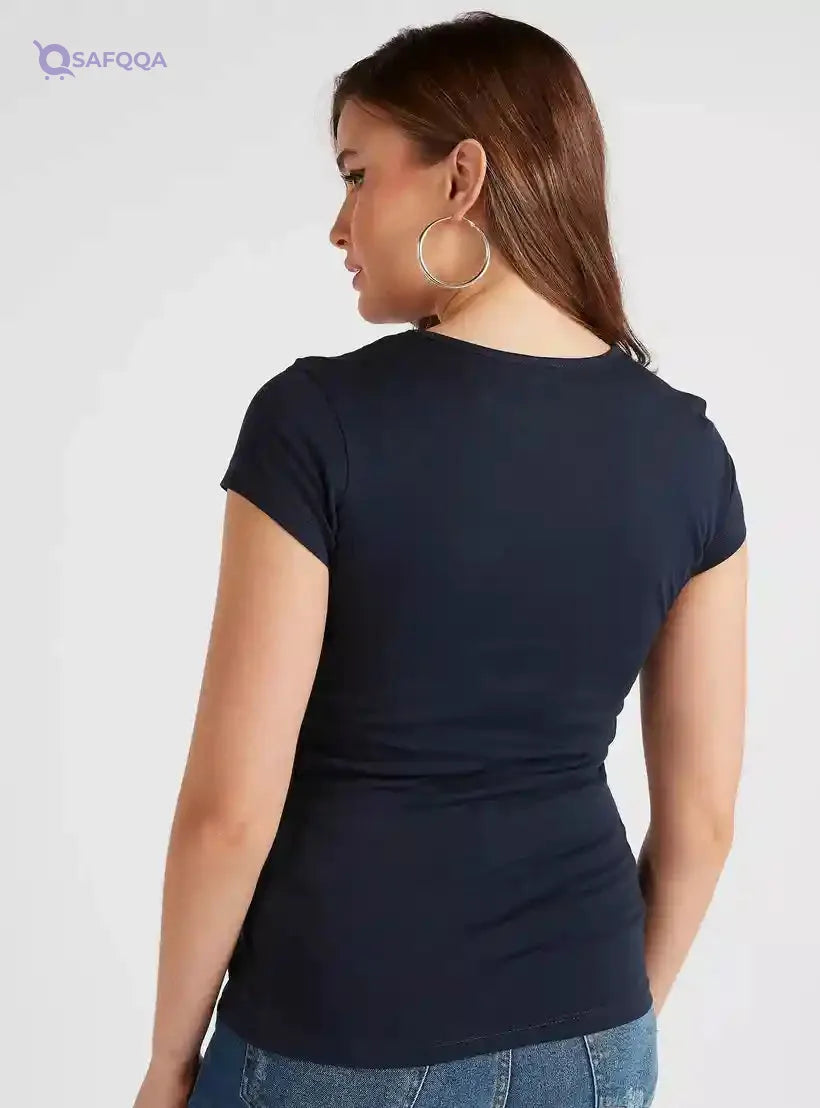 Graphic Print Round Neck T-shirt with Cap Sleeves - Safqqa Egypt