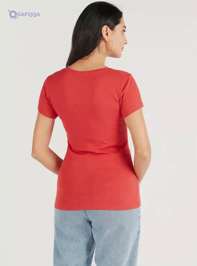 Solid V-neck T-shirt with Cap Sleeves - Safqqa Egypt