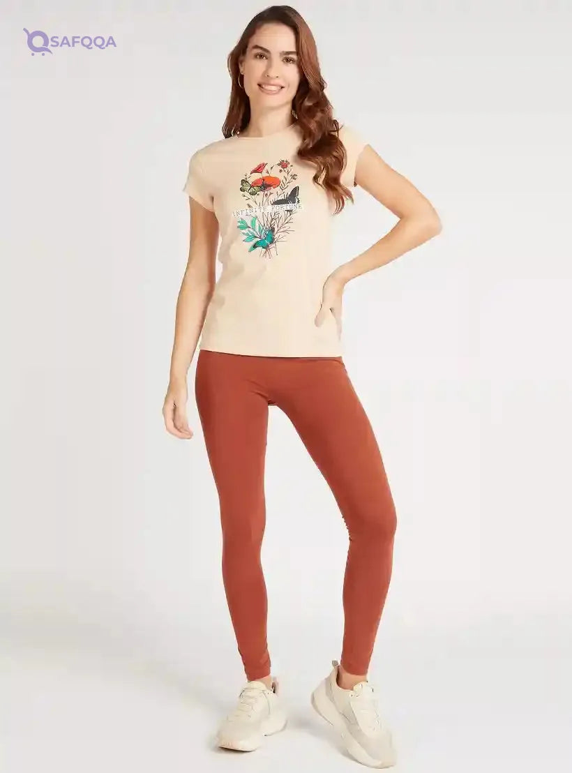 Floral Print Crew Neck T-shirt with Cap Sleeves - Safqqa Egypt