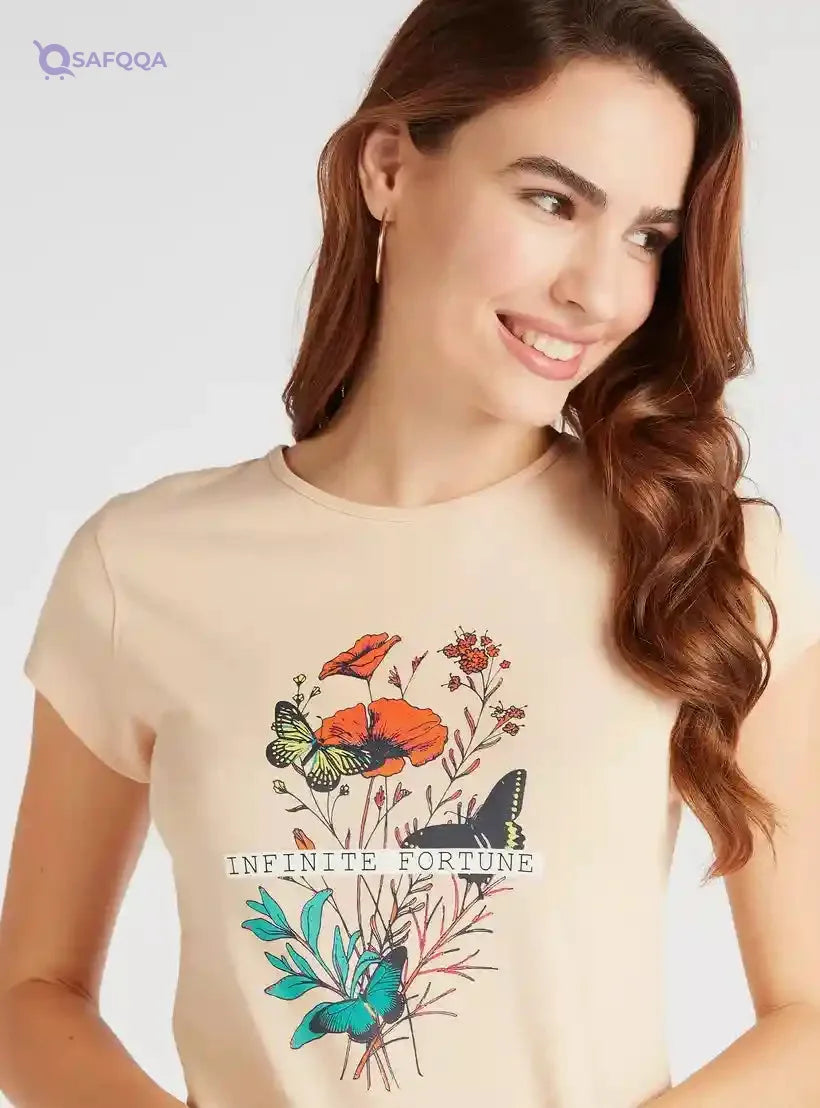Floral Print Crew Neck T-shirt with Cap Sleeves - Safqqa Egypt