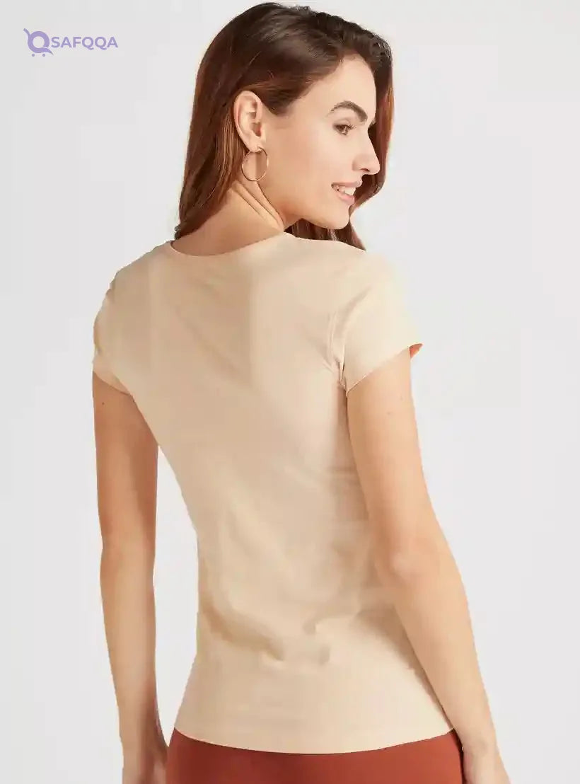 Floral Print Crew Neck T-shirt with Cap Sleeves - Safqqa Egypt