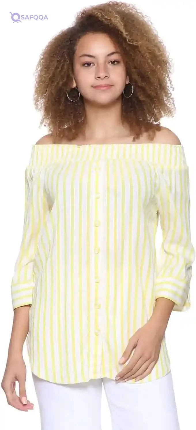 Splash Striped Boat Neck Long Sleeves Front Button Blouses for Women - Safqqa Egypt