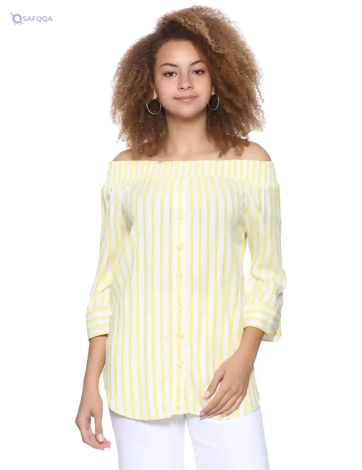 Splash Striped Boat Neck Long Sleeves Front Button Blouses for Women - Safqqa Egypt