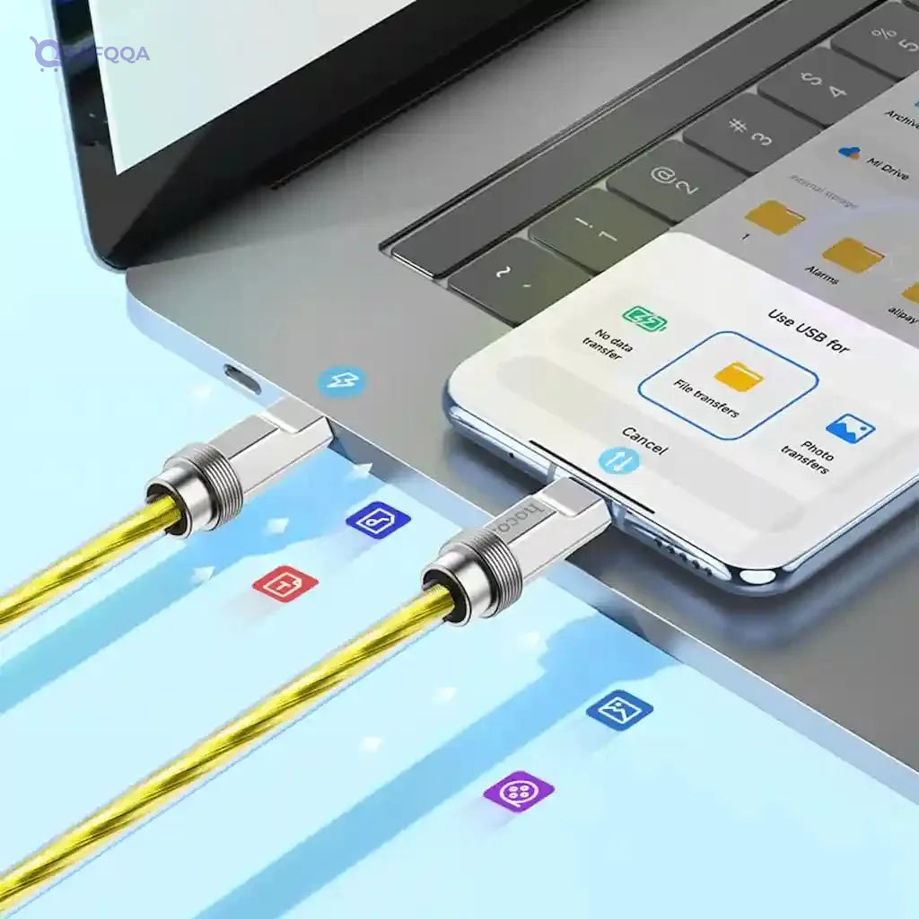 Hoco U113 - Solid 100W Silicone Fast Charging And Data Transmittion Cable (100W - 3A - 1M), USB-C To USB-C Plug, Compatible With Samsung Huawei Xiaomi Oppo - Gold - Safqqa