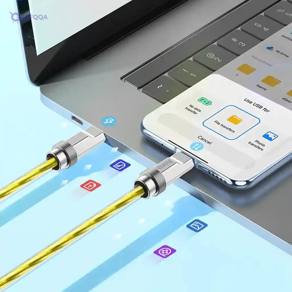 Hoco U113 - Solid 100W Silicone Fast Charging And Data Transmittion Cable (100W - 3A - 1M), USB-C To USB-C Plug, Compatible With Samsung Huawei Xiaomi Oppo - Gold - Safqqa
