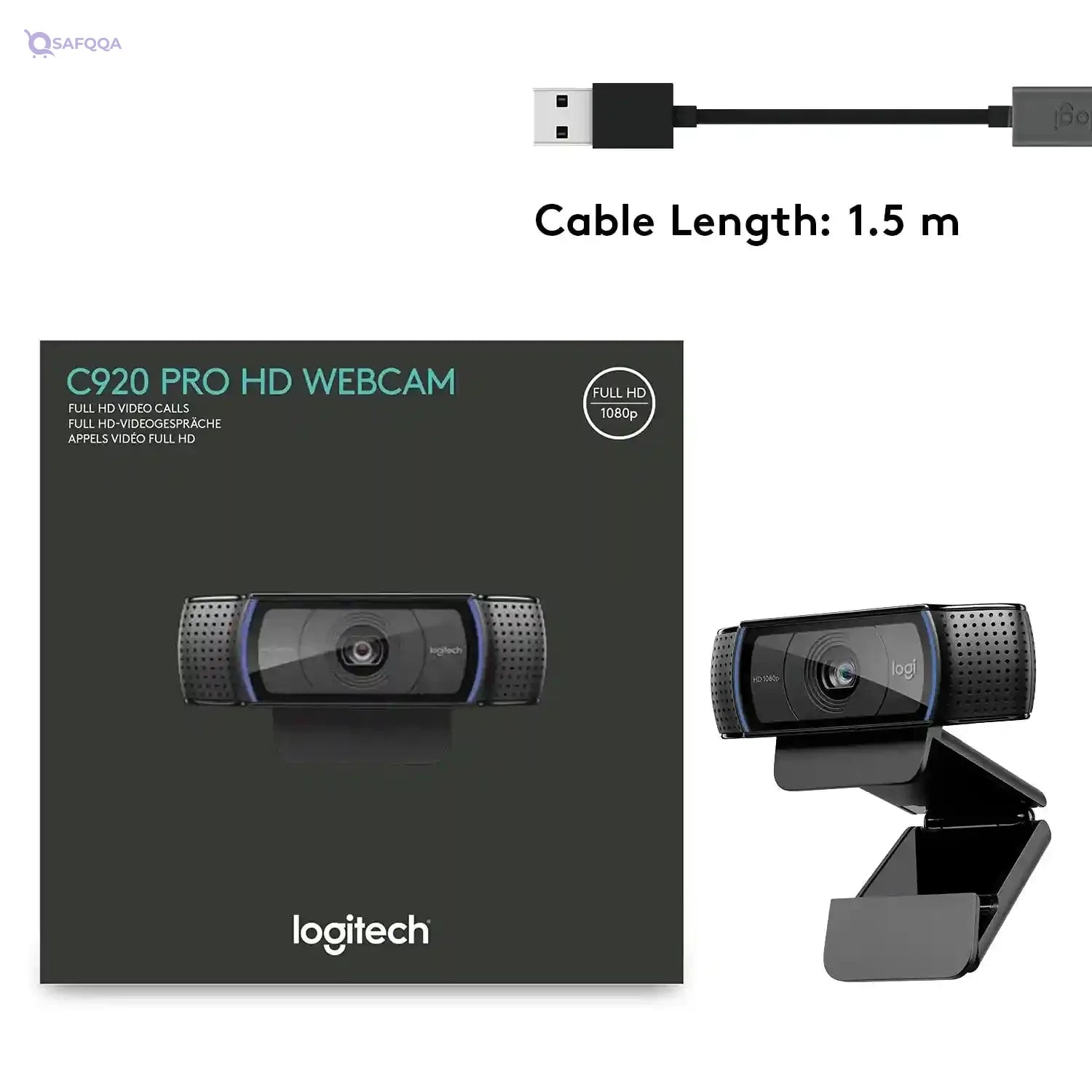 Logitech C920 Widescreen HD Pro Webcam Black, 960-000764, Logitech HD Pro Webcam C920 Video Calling and Recording 1080p Camera - Safqqa