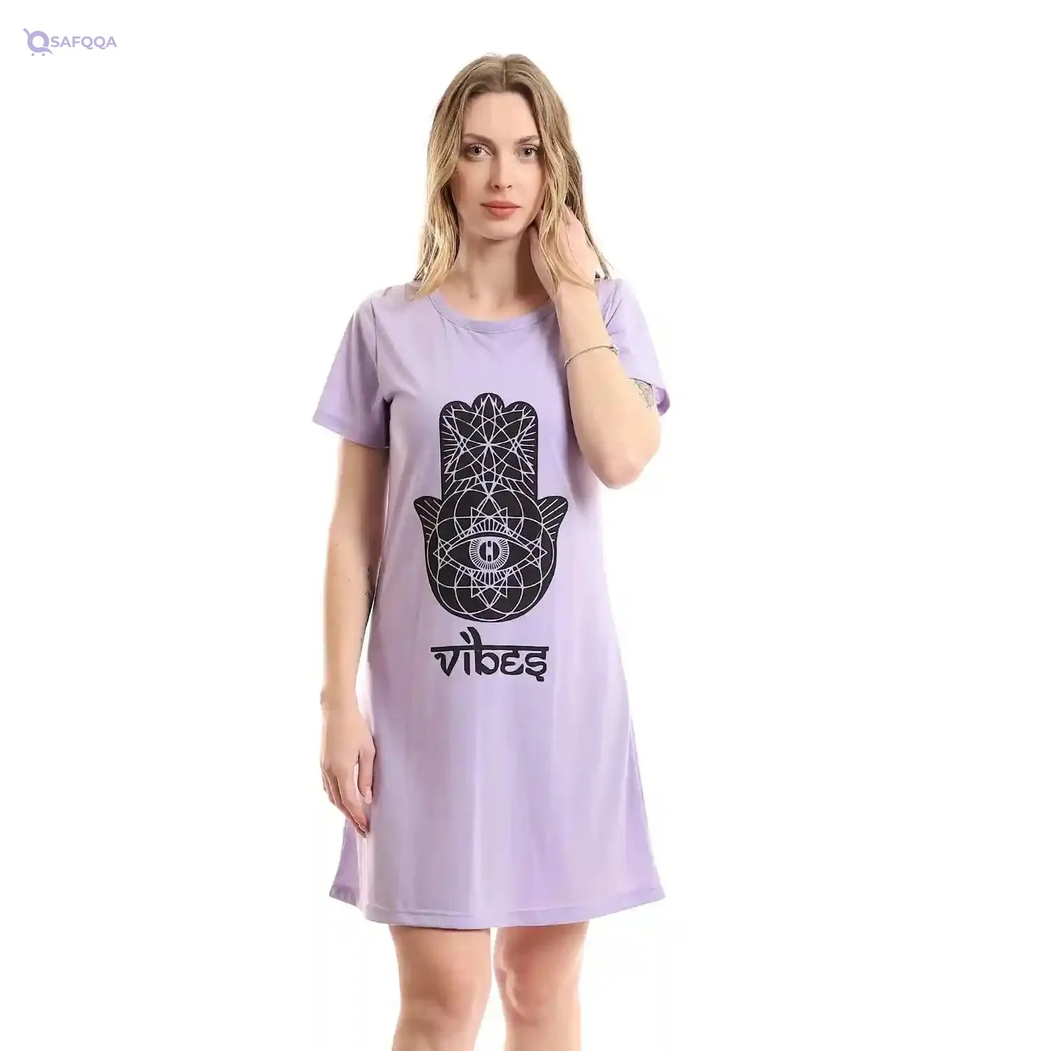 Kady Printed Hand Lightweight Short Sleepshirt for Women, Purple, 2XL - Safqqa Egypt