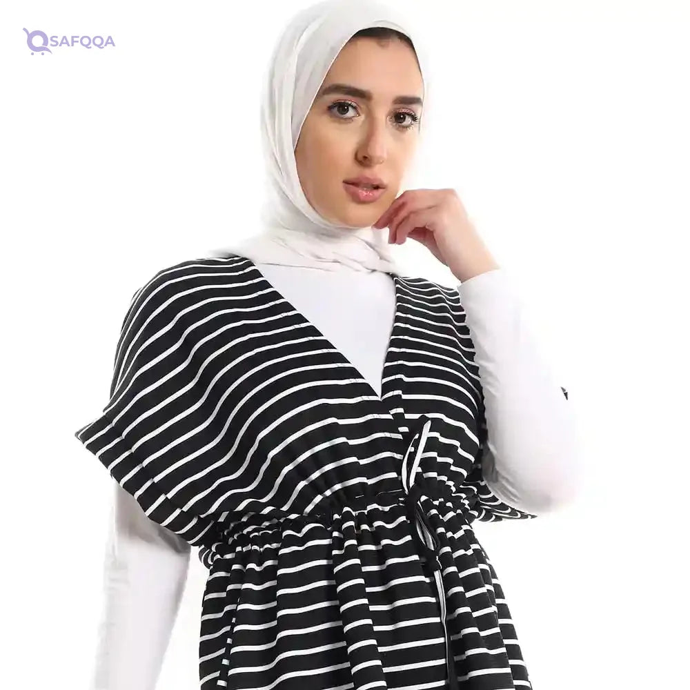 Jamila  Dress For Women Plus Size Long Short Sleeves Striped Designed to flatter fuller figures comfortably. - Safqqa