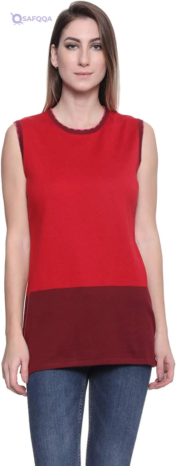 Bella Dona Two-Tone Knitted Longline Sleeveless T-Shirt for Women - Safqqa