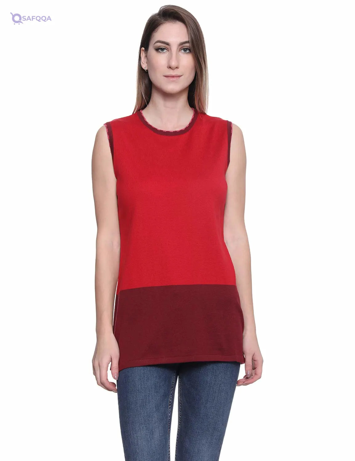 Bella Dona Two-Tone Knitted Longline Sleeveless T-Shirt for Women - Safqqa