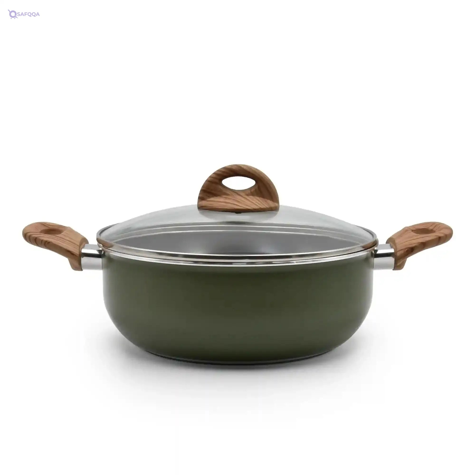 Celar Aluminium Casserole with Soft Touch Fitting Wooden Handle, 24 cm Diameter, Green, Made In Portugal - Safqqa