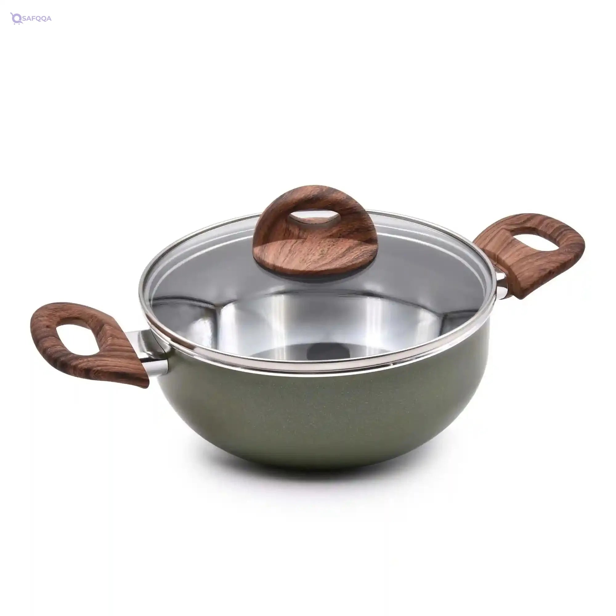 Celar Aluminium Casserole with Soft Touch Fitting Wooden Handle, 24 cm Diameter, Green, Made In Portugal - Safqqa