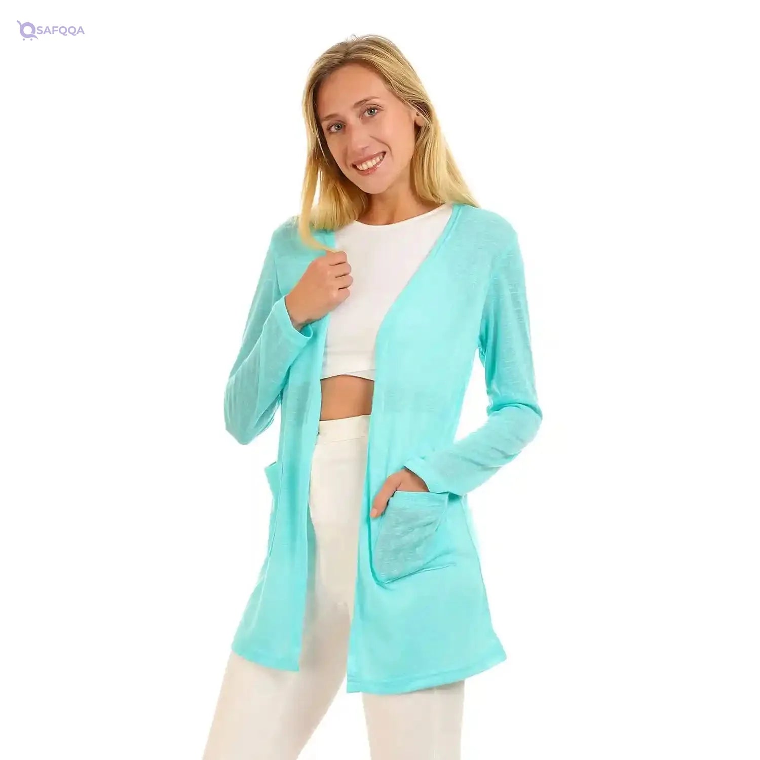 JAMILA Side Pockets Open Neckline Cardigan For Women,Relaxed fit that allows freedom of movement. - Safqqa
