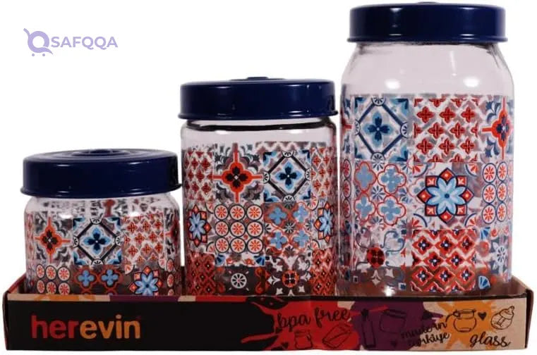 Herevin Mosaic Print Decorated Jar Set 3-Pieces, 425, 660 and 1000 ml Capacity, Blue - Safqqa