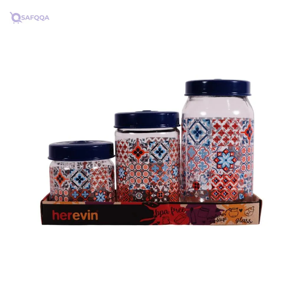 Herevin Mosaic Print Decorated Jar Set 3-Pieces, 425, 660 and 1000 ml Capacity, Blue - Safqqa