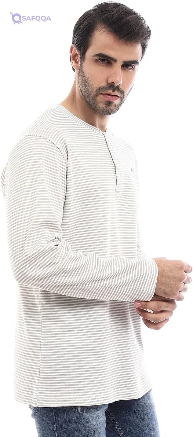 offcliff Men stripped long sleeves henly necktop with side broderie - Safqqa