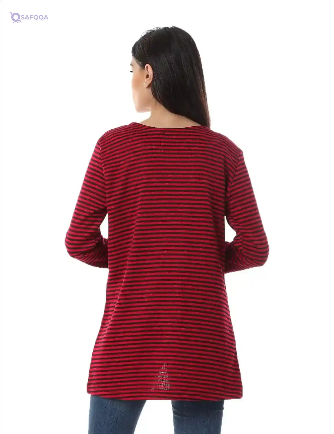 Jamila Women Hairline Stripes Front Pockets Long Sleeves Open Cotton Cardigan - Safqqa