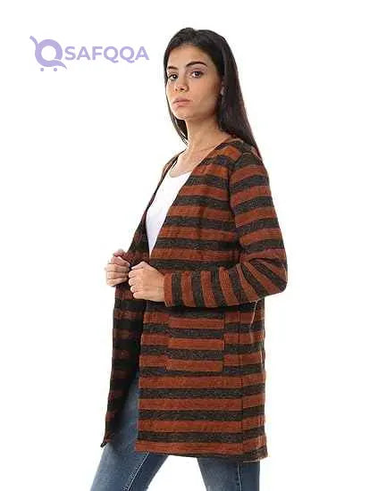 Jamila Women Striped Front Pockets Long Sleeves Open Cotton Cardigan - Safqqa