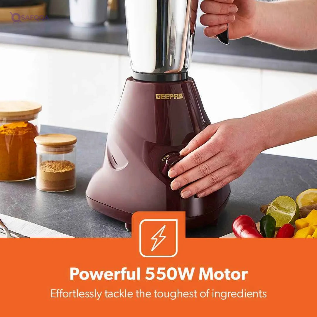 Geepas 2-IN-1 Mixer Grinder- GSB44091| 550W Powerful Motor, Stainless Steel Jars and Blade| Ergonomic Grip and Equipped with Overload Protector| - Safqqa Egypt