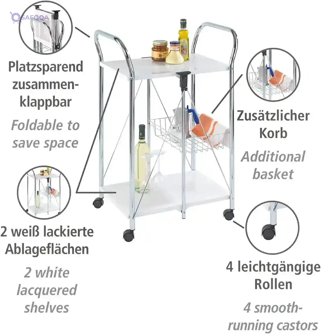 WENKO 3 Tier, Rolling Organizer, Storage Wheels, Metal cart, White - Safqqa