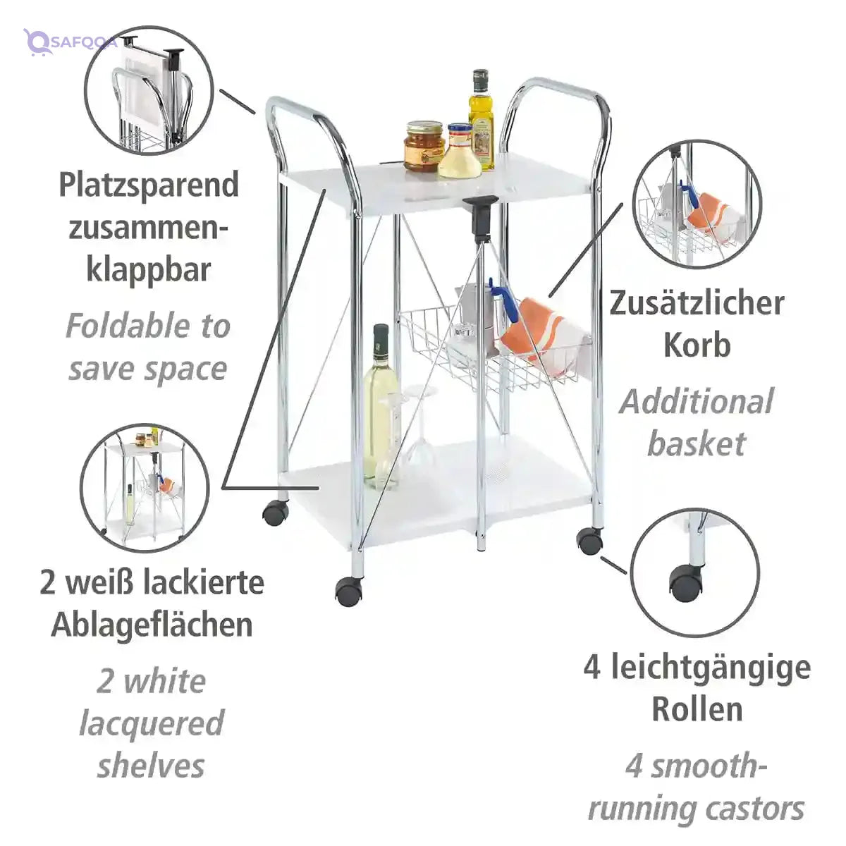 WENKO 3 Tier, Rolling Organizer, Storage Wheels, Metal cart, White - Safqqa