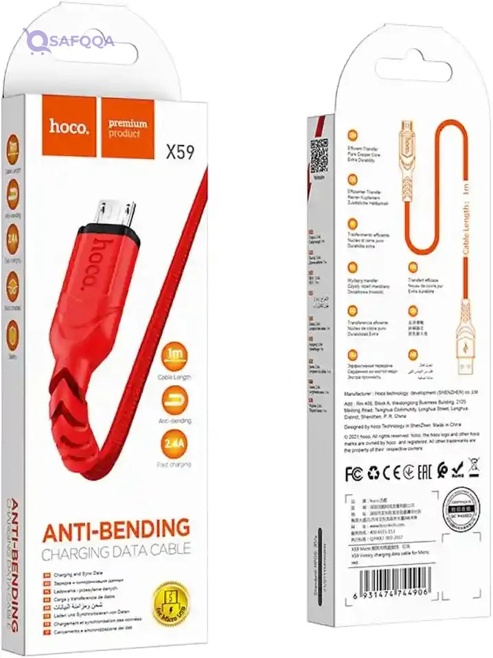 Hoco X59 - Victory Charging And Data Transmittion Cable (2.4A - 1M), USB-A To Micro-USB Plug, Compatible With Samsung Huawei Xiaomi Oppo - Red - Safqqa