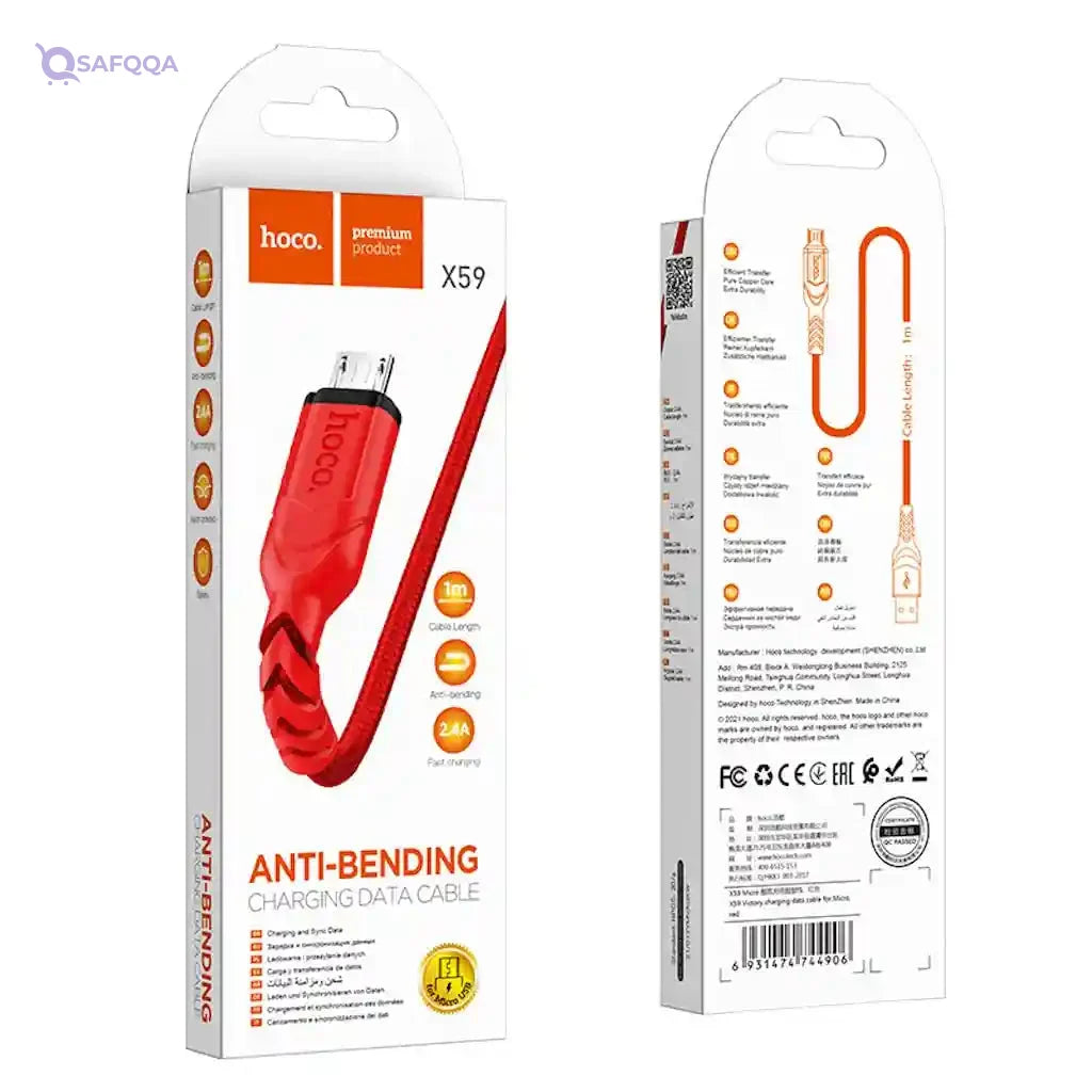 Hoco X59 - Victory Charging And Data Transmittion Cable (2.4A - 1M), USB-A To Micro-USB Plug, Compatible With Samsung Huawei Xiaomi Oppo - Red - Safqqa