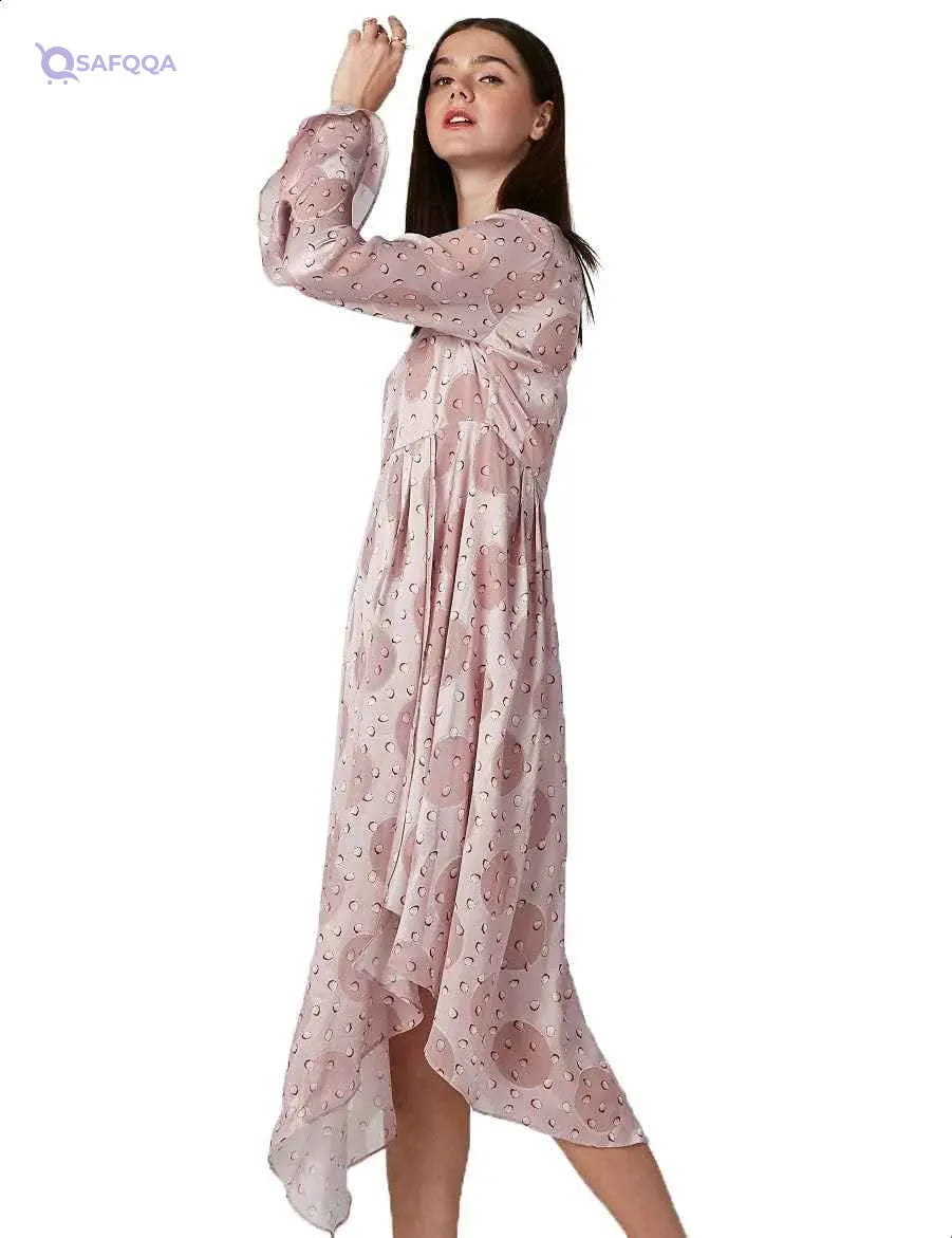 Elle Women’s Patterned V-Neck Long Sleeve Dress with Asymmetrical Hem - Safqqa
