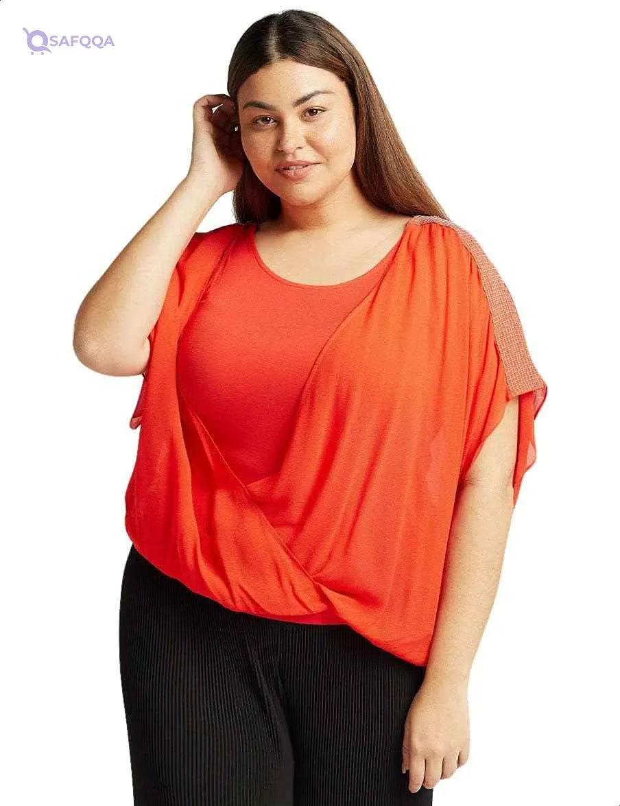 Splash Plain Embroidered Shoulders Short Sleeves V Neck Loose Blouses for Women - Safqqa Egypt