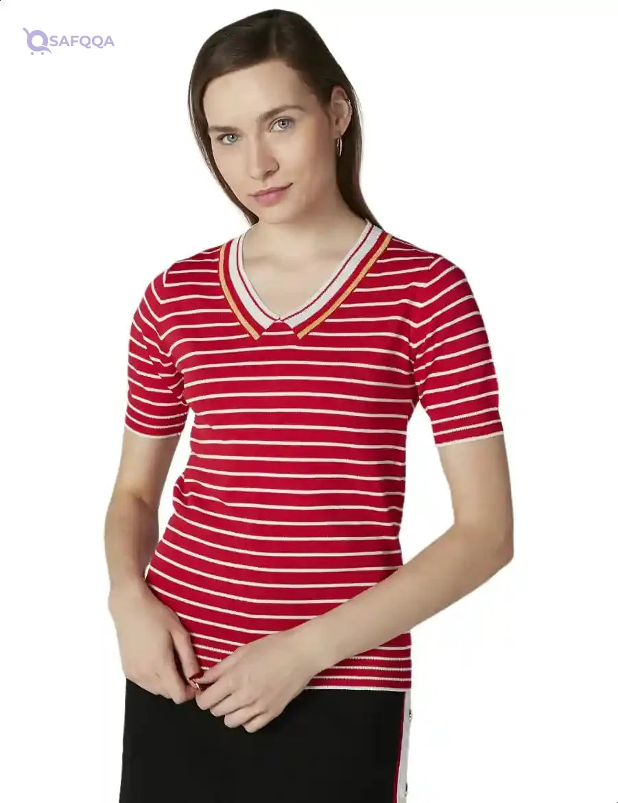 2Xtremz Striped Short Sleeves V Neck T-shirts for Women - Safqqa Egypt