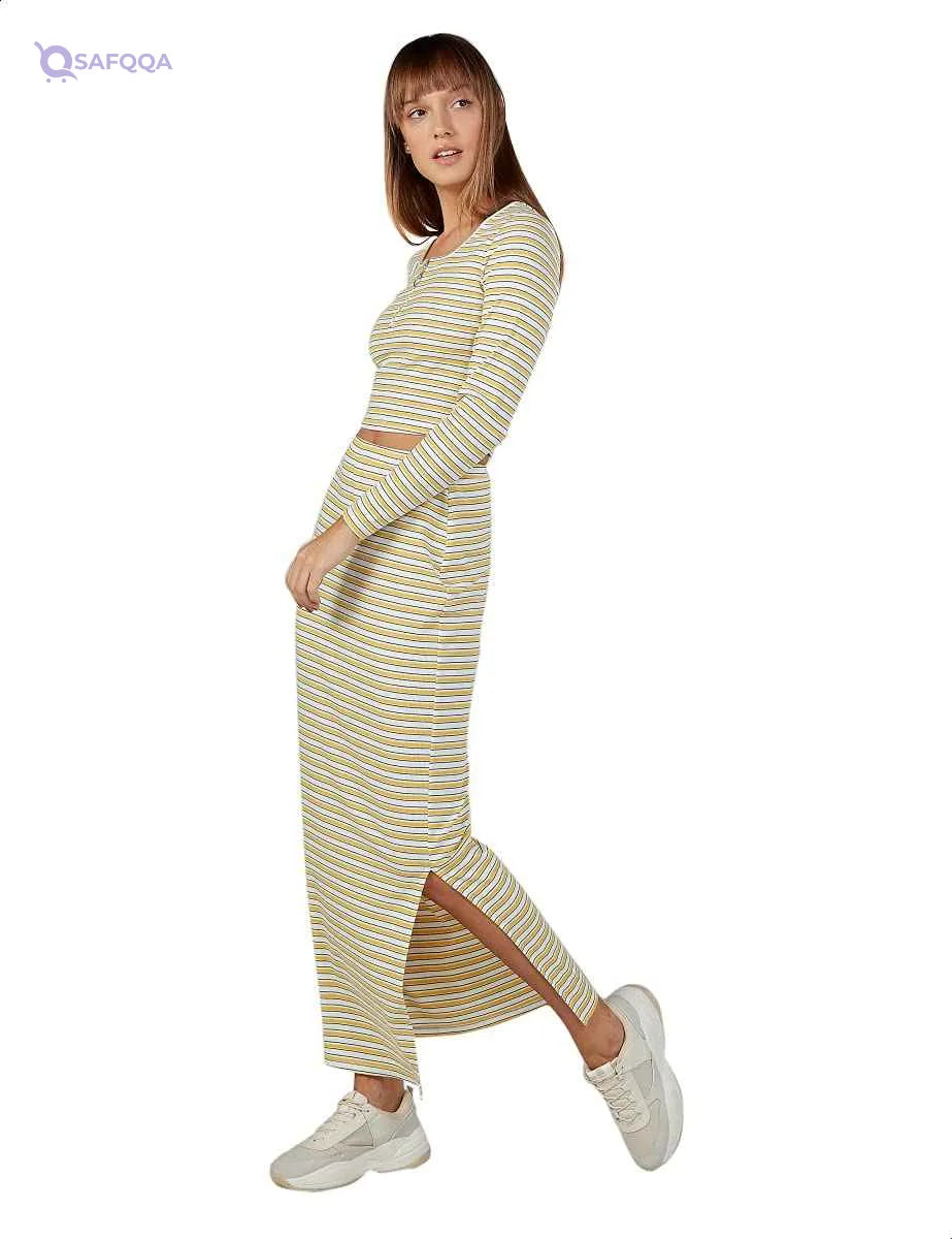 Splash Side-Slit Maxi Straight-Cut Striped Skirt for Women - Safqqa Egypt