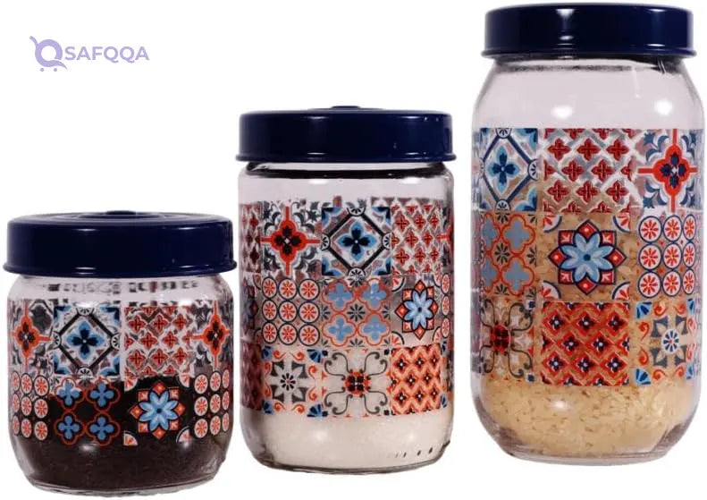 Herevin Mosaic Print Decorated Jar Set 3-Pieces, 425, 660 and 1000 ml Capacity, Blue - Safqqa
