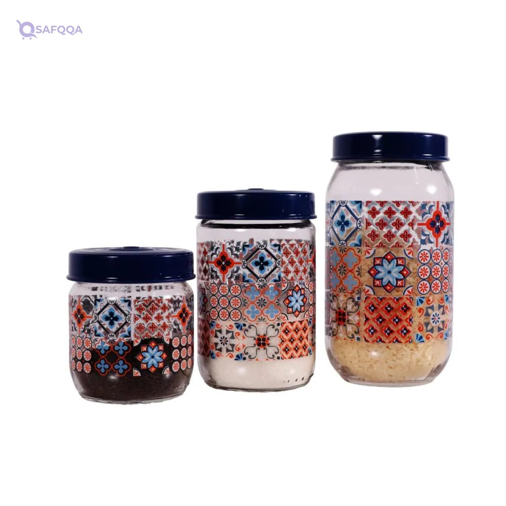 Herevin Mosaic Print Decorated Jar Set 3-Pieces, 425, 660 and 1000 ml Capacity, Blue - Safqqa