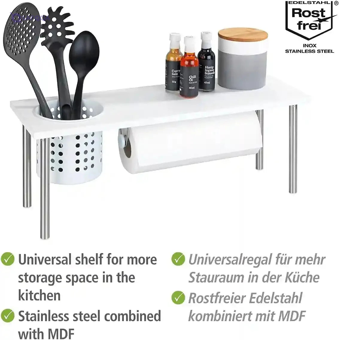 WENKO Blanco Kitchen Shelf with Roll and Utensil Holder, 55x21x18cm - Safqqa