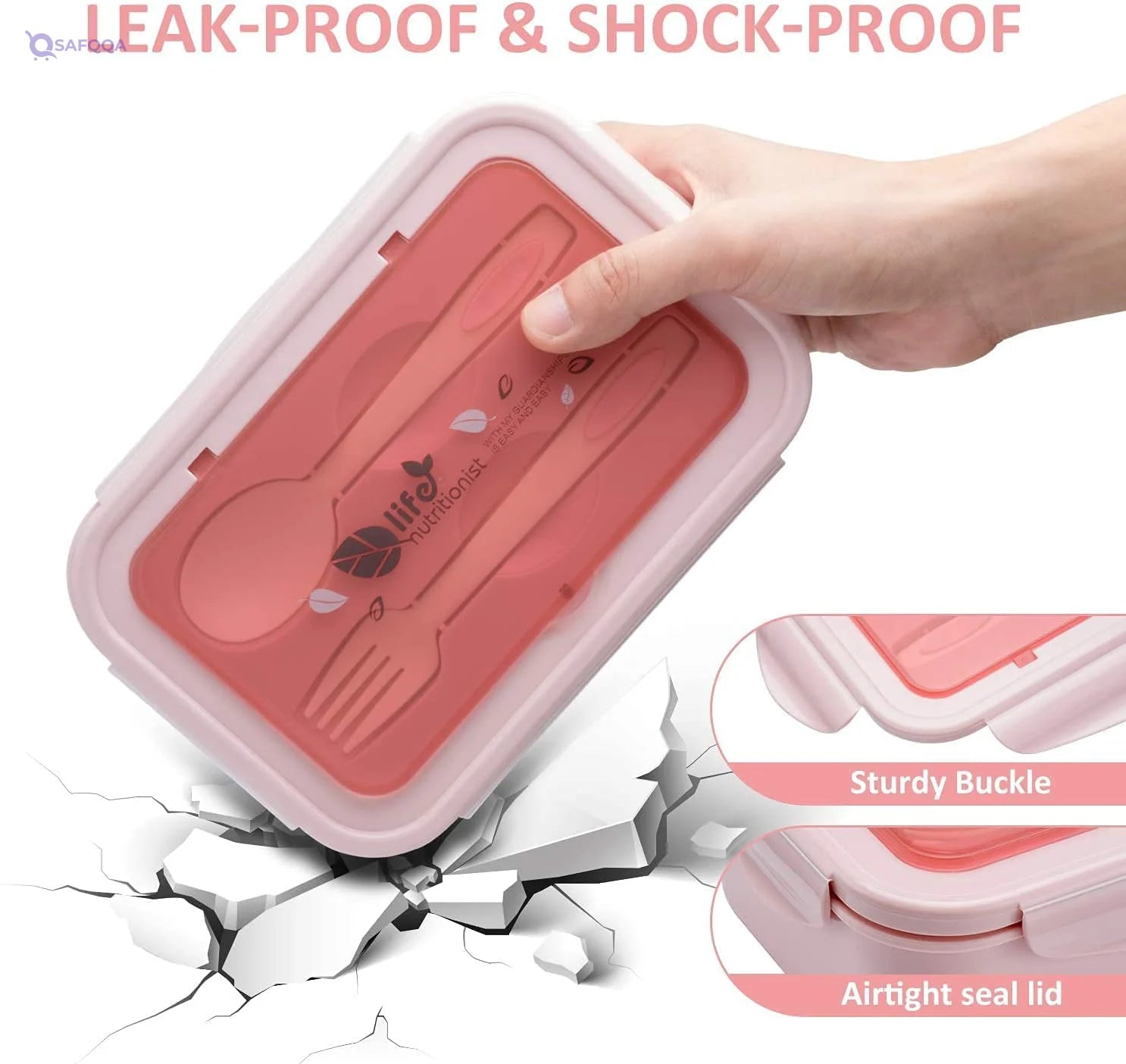 YumLock Boxes for Adults - 1400 ML Bento Lunch Box For Kids Childrens With Spoon and Fork - Durable, Leak-Proof for On-the-Go Meal, Transparent Cover - Reusable,3 Compartments Microwave Safe(Pink) - Safqqa