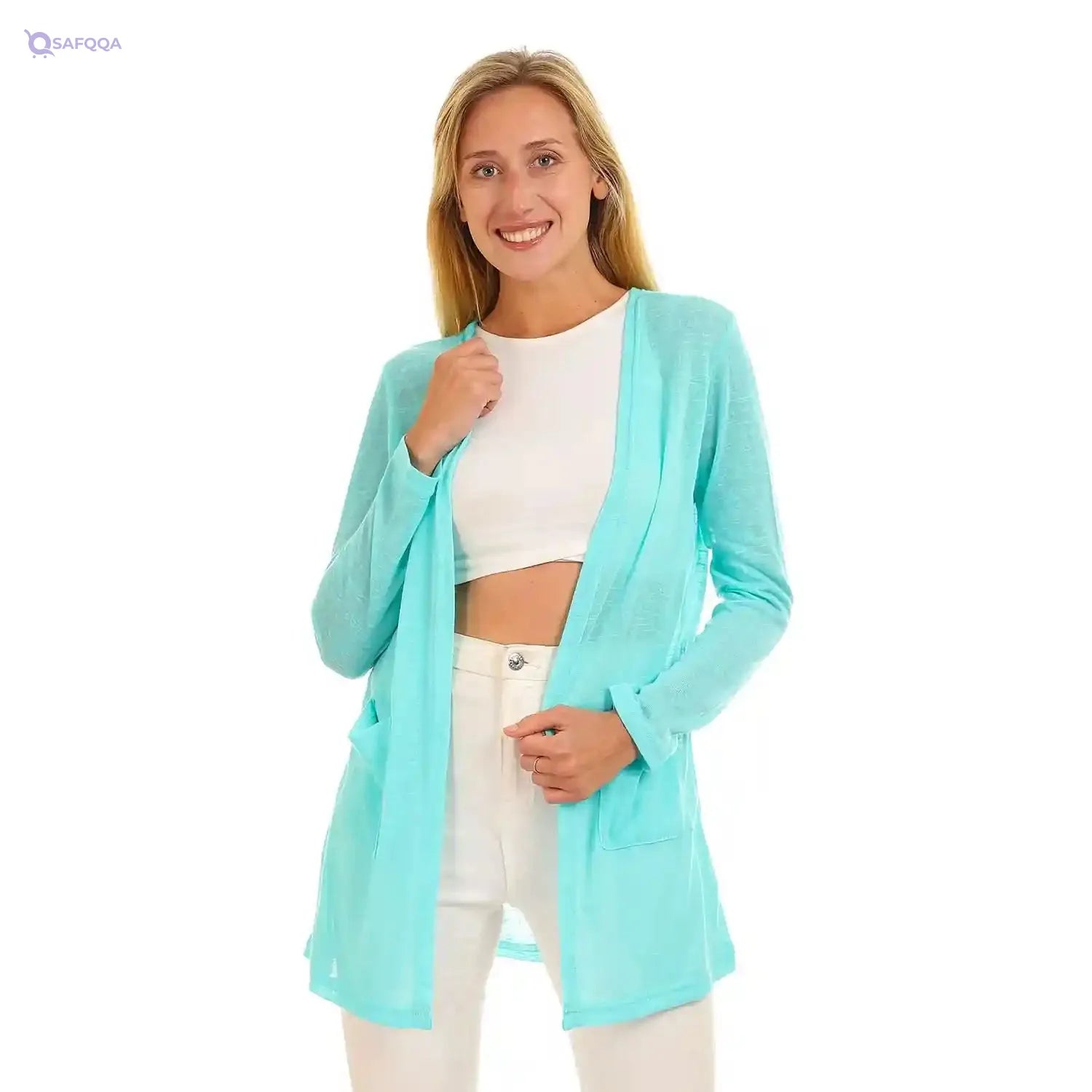 JAMILA Side Pockets Open Neckline Cardigan For Women,Relaxed fit that allows freedom of movement. - Safqqa
