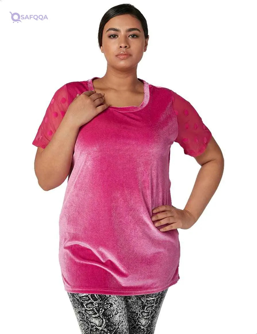 Splash Plain Dotted Sheer Short Sleeves Round Neck Blouses For Womens - Safqqa Egypt