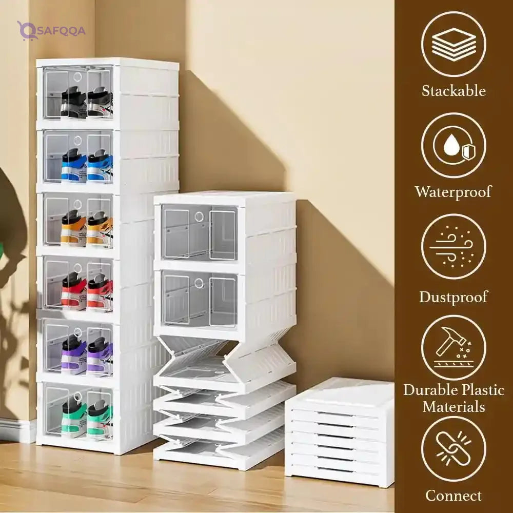 6-Tier Foldable Shoe Rack Organizer – Durable Plastic, Stackable Storage Cubes for Closet & Entryway, Holds, Easy Assembly (White) - Safqqa Egypt
