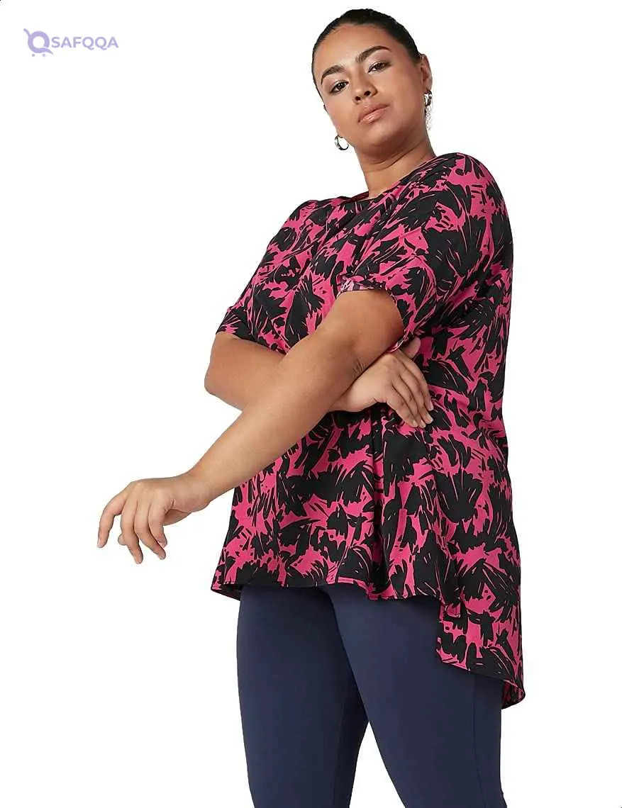 Splash High Low Patterned Short Sleeves Round Neck Blouse for Women - Fuchsia & Black - Safqqa Egypt