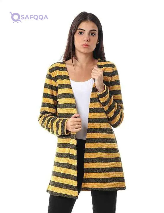 Jamila Women's Striped Open Cardigan with Front Pockets - Long Sleeves - Safqqa