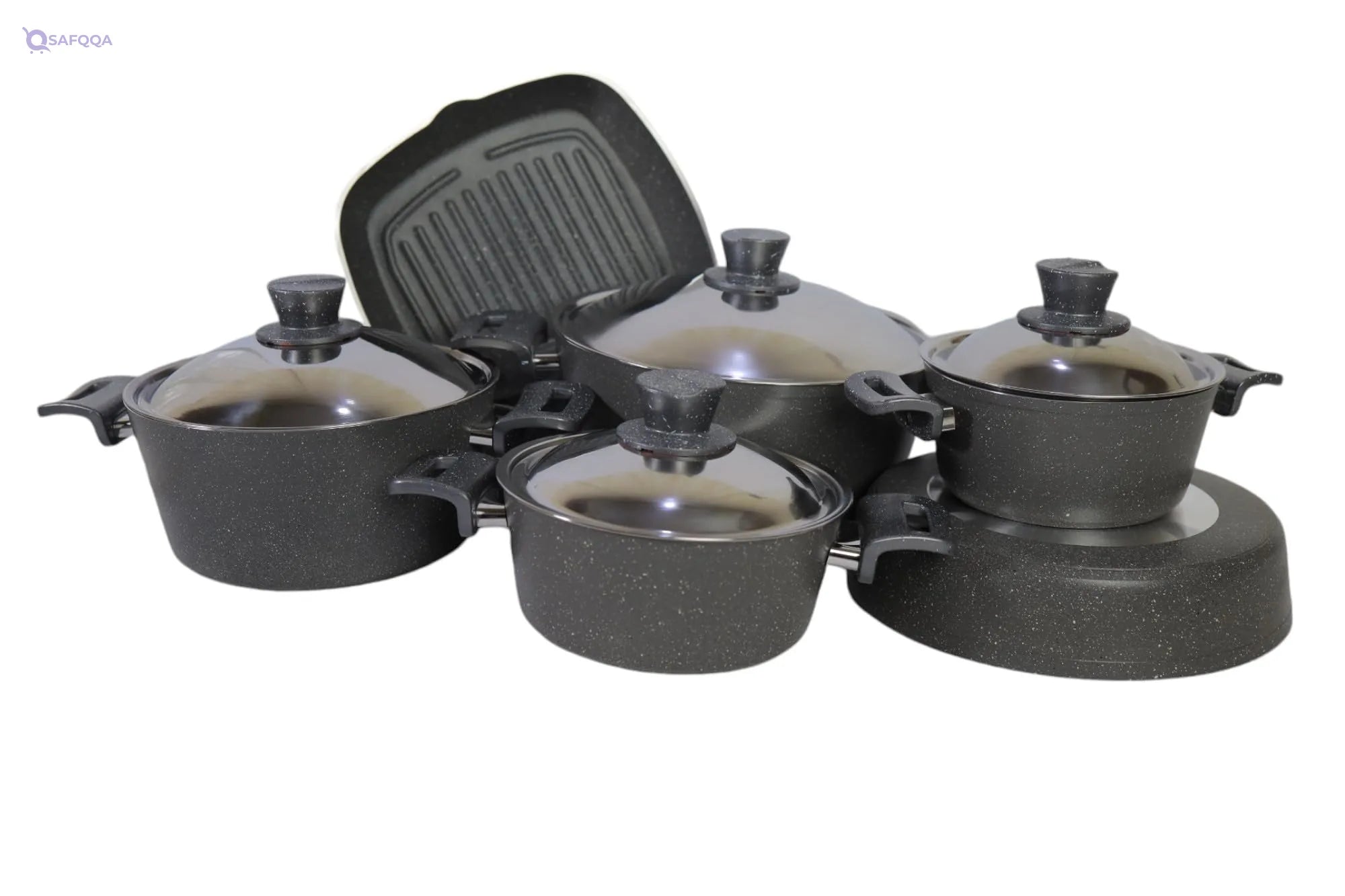 Luxago, 10 pcs Gray Granite Teflon Pot Set• 10-piece pot set for complete cooking needs - Safqqa