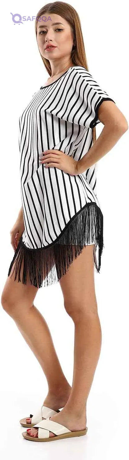 Jamila Women Blouses Deep Open Back Striped Tunic With Decorated Fringes - Safqqa Egypt