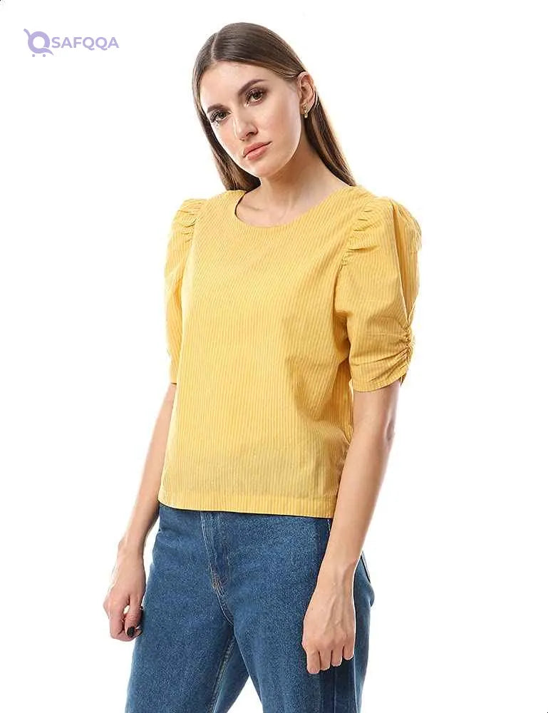 Ravin Cotton Striped Puff Sleeves Blouses for Women - Yellow - Safqqa Egypt